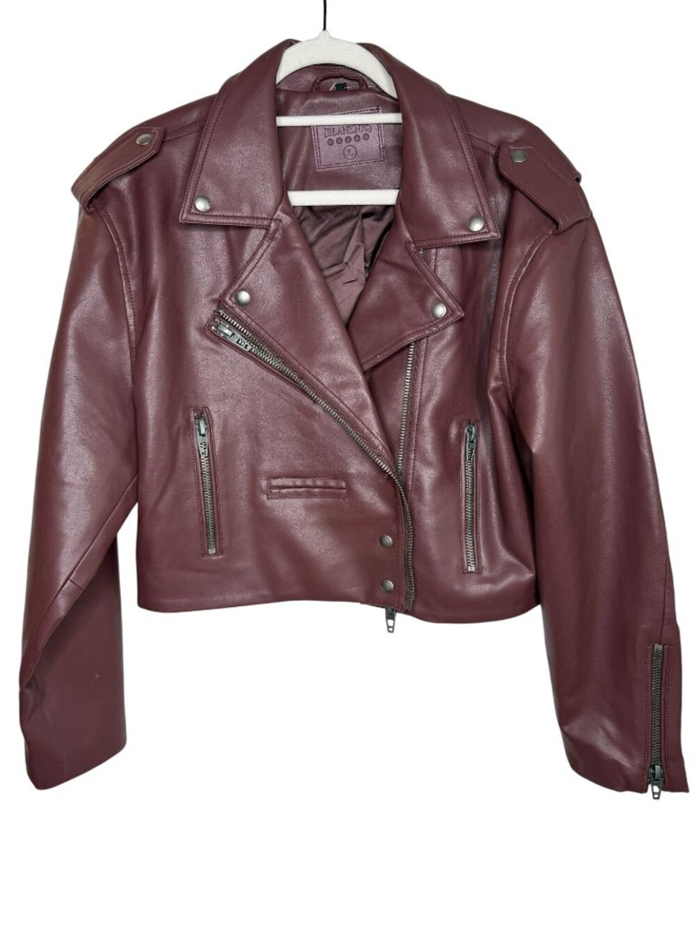 BLANKNYC Womens Large Burgundy Faux Leather Moto Jacket Cropped Biker